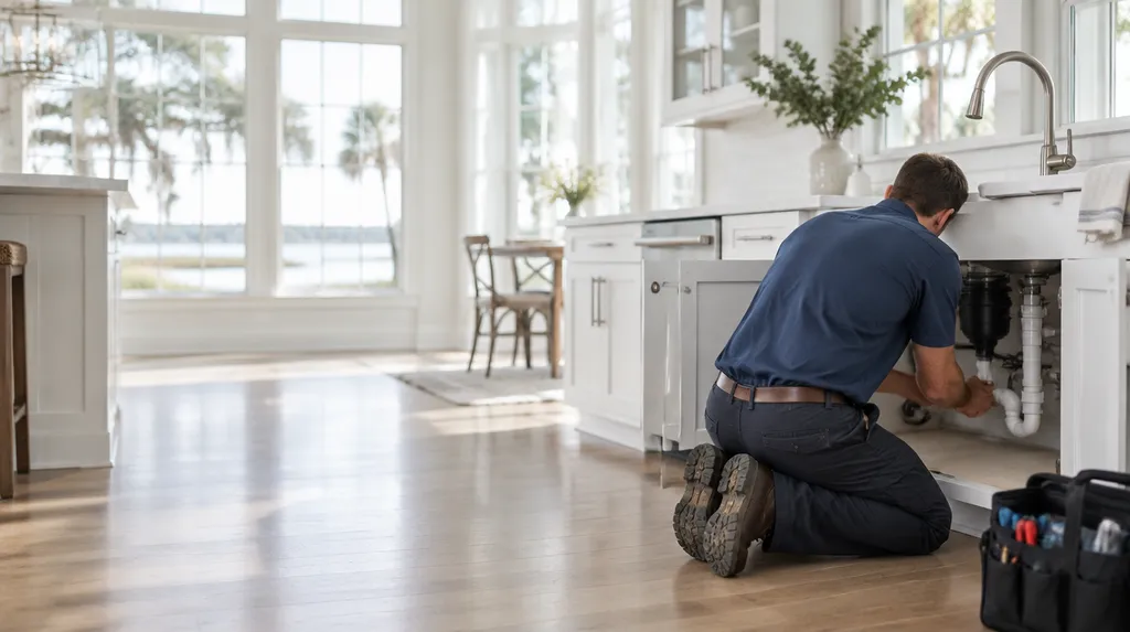 A plumber kneeling under a kitchen sink fitting a new pipe in South Carolina