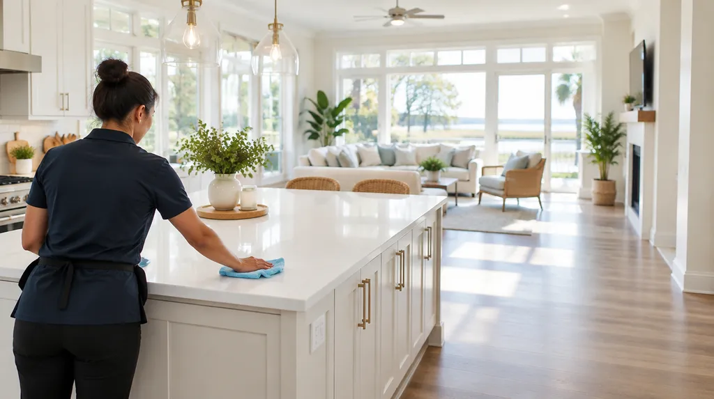 A house cleaner wiping a bright kitchen island in South Carolina