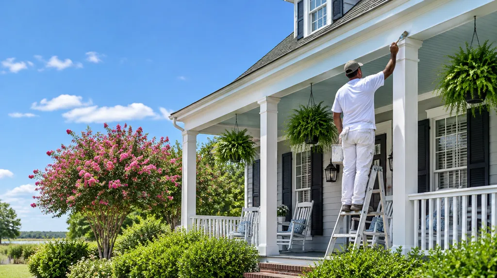 A painter rolling fresh paint on an exterior wall in South Carolina