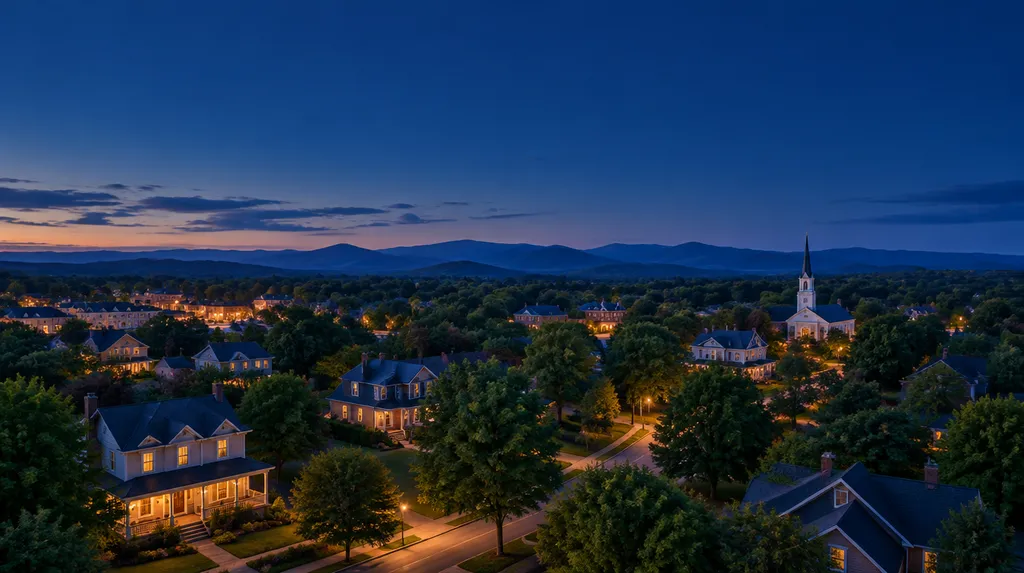 A South Carolina town at dusk with warm lights in the windows