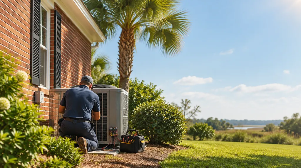 An HVAC technician servicing an outdoor condenser beside a house in South Carolina