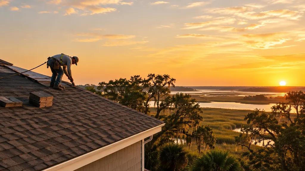 A roofer nailing architectural shingles on a sunny roof in South Carolina