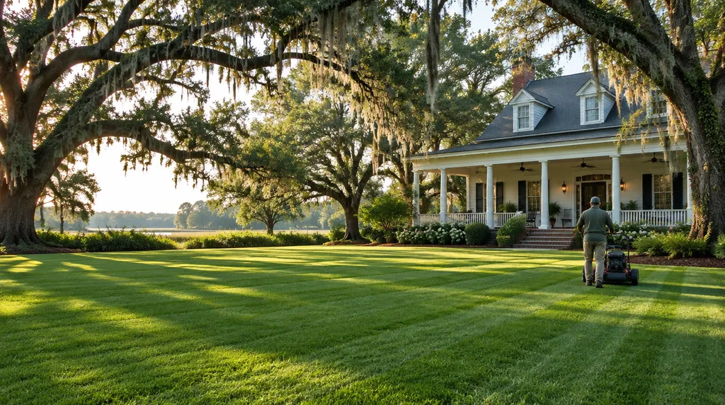 A landscaper mowing a striped green lawn in South Carolina
