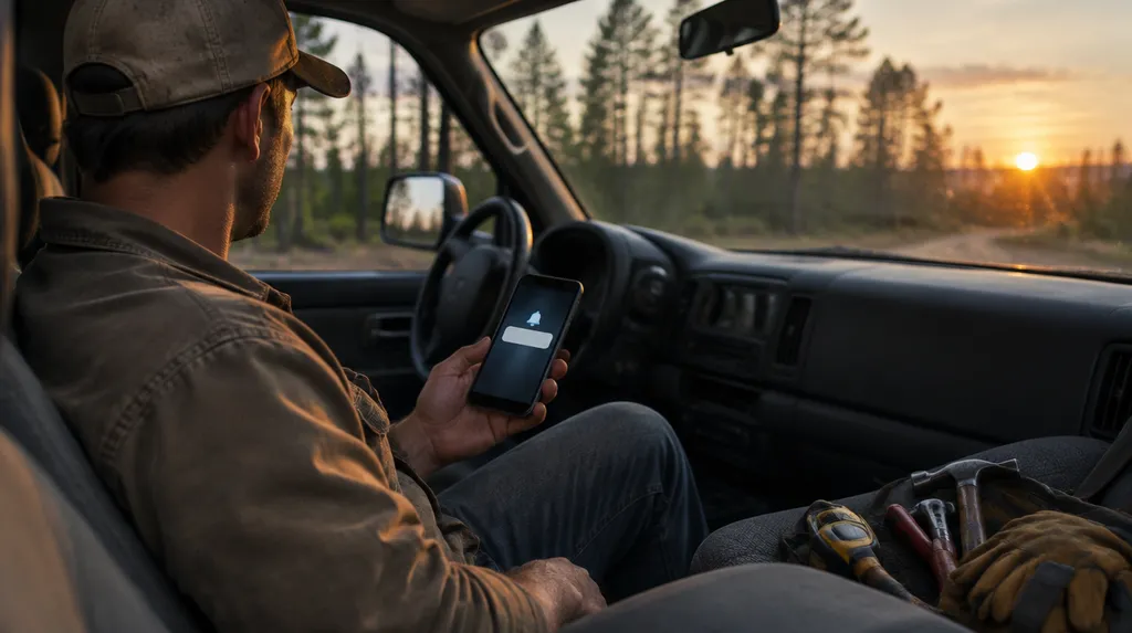A contractor reading a new website lead on his phone in his work truck