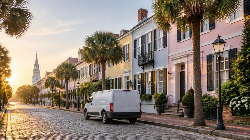 Local businesses along a street in Charleston, South Carolina