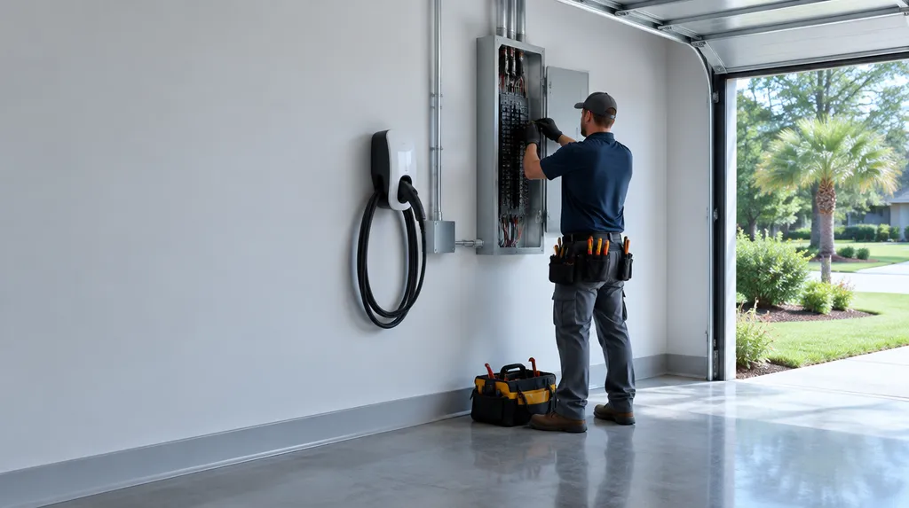 An electrician working on an open breaker panel in South Carolina