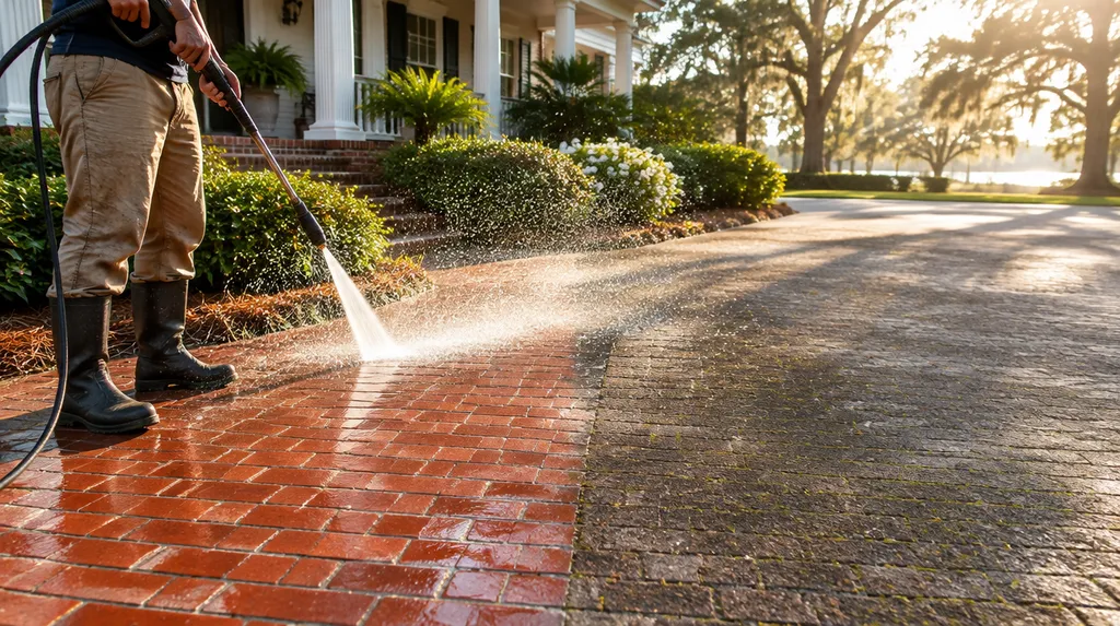 Pressure washing a brick driveway with sparkling spray in South Carolina