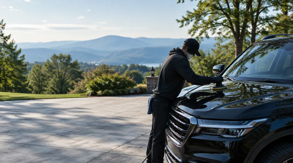 A detailer polishing the glossy hood of a dark SUV in South Carolina