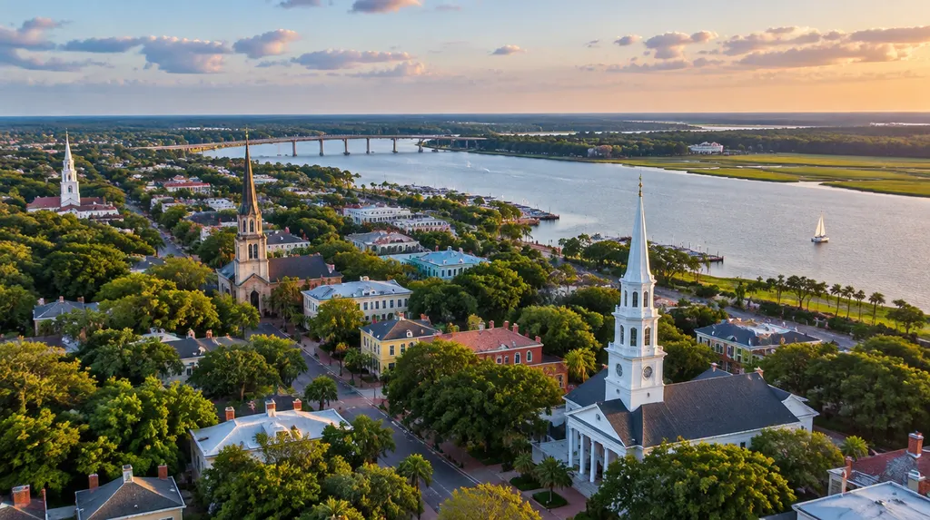 Aerial view of a South Carolina town with church steeples, a river and green trees