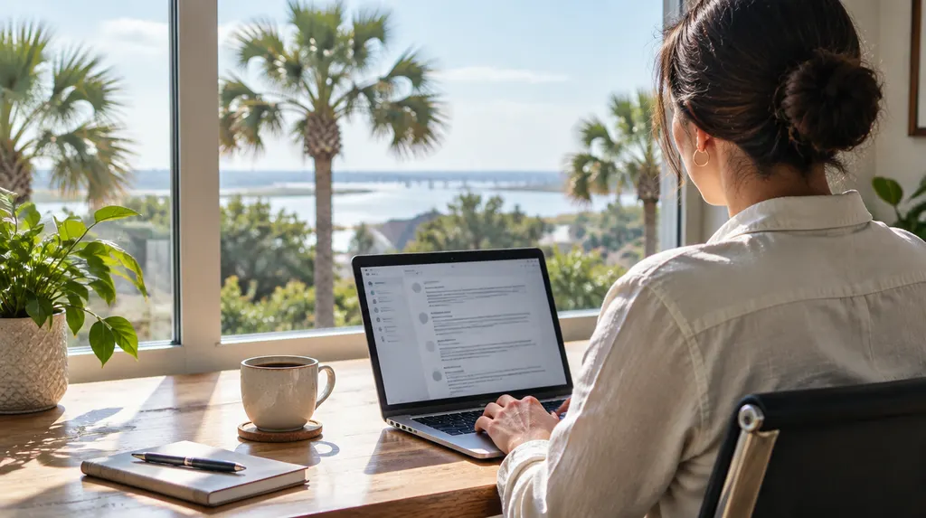 A business owner reading answers on a laptop at a sunny desk in South Carolina