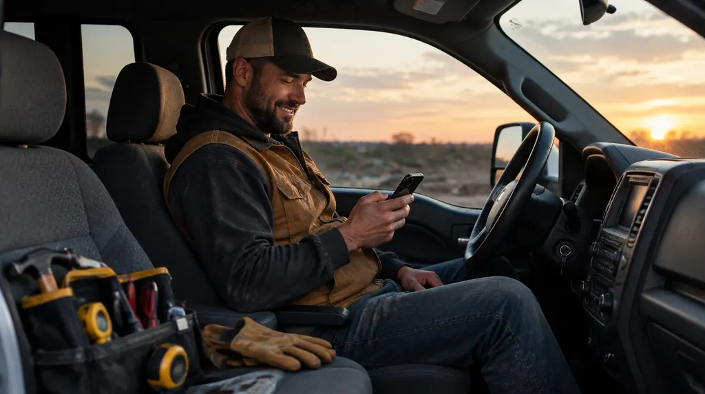 A contractor in a work truck smiling at a phone notification