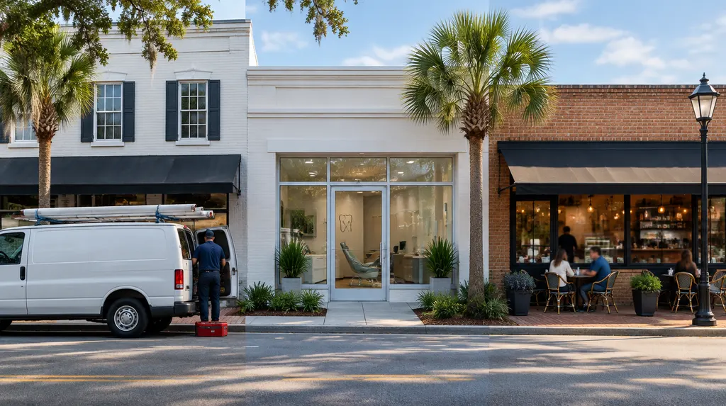 A South Carolina street with a service van, a dental office and a café side by side