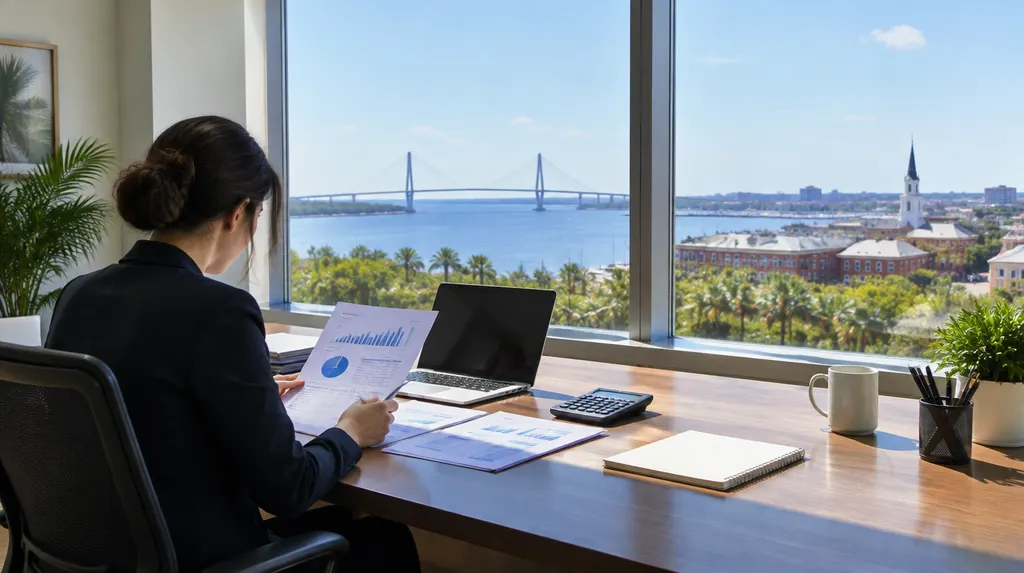 An accountant reviewing financial reports at a desk in South Carolina