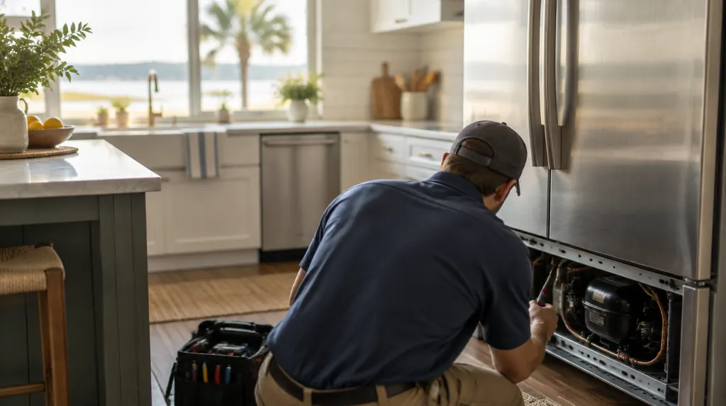 A technician repairing a refrigerator in a kitchen in South Carolina