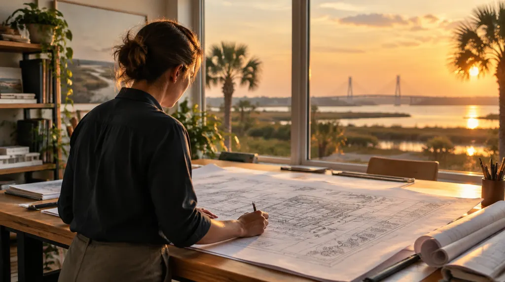 An architect reviewing blueprints at a drafting table in South Carolina