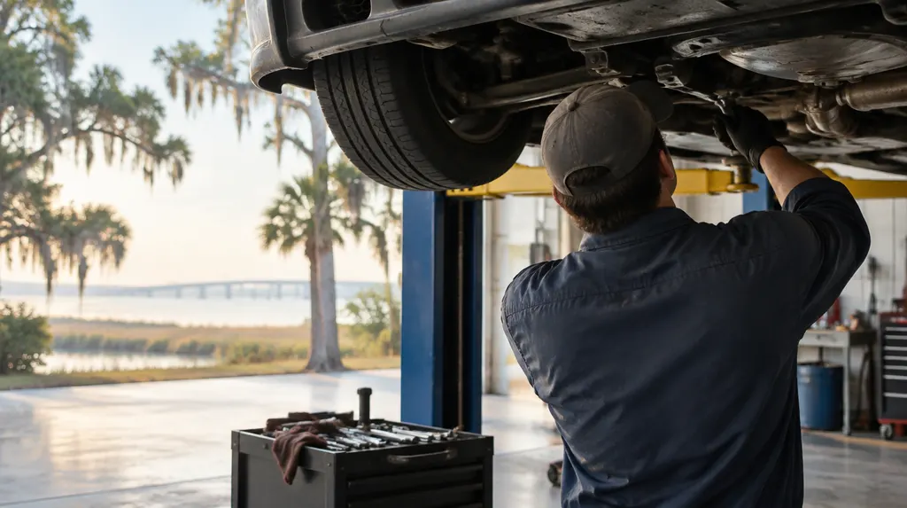 A mechanic working under a car on a lift in South Carolina