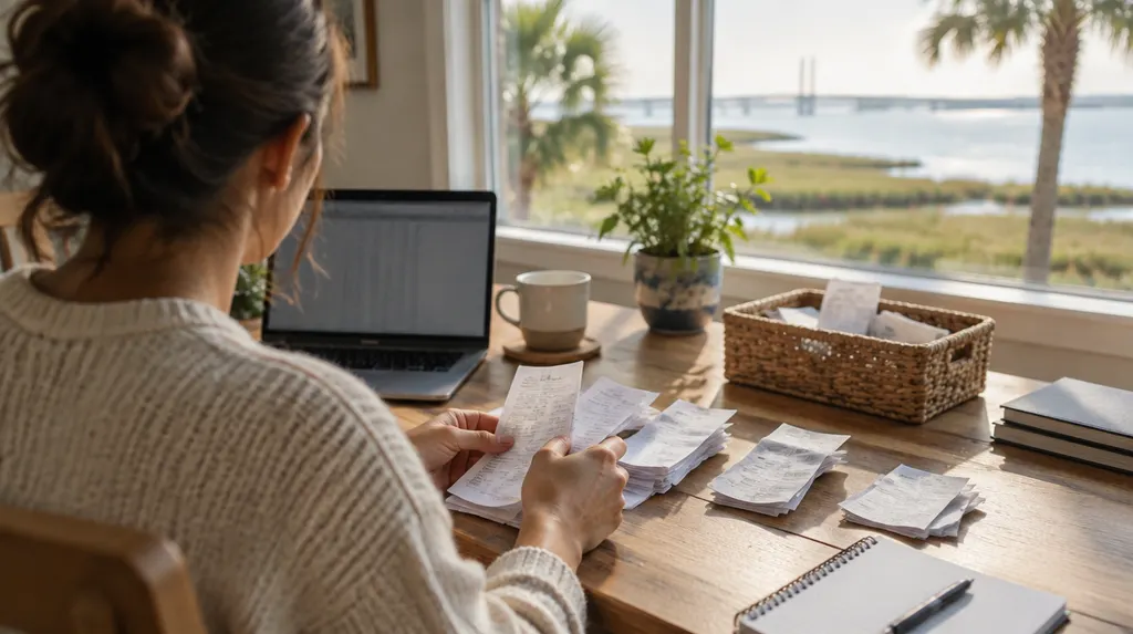 A bookkeeper organizing receipts and a laptop in South Carolina