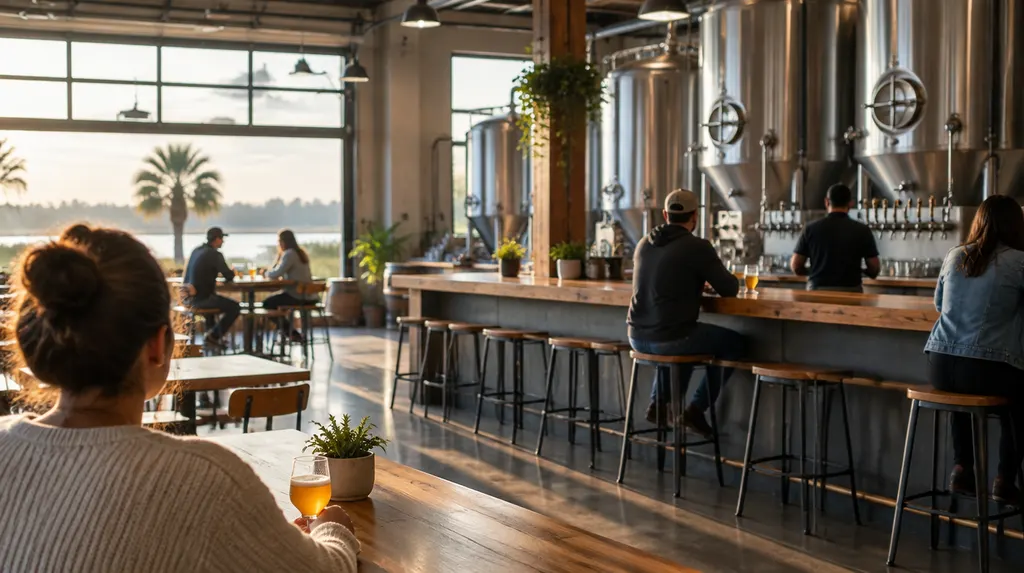 A craft brewery taproom with tanks and a bar in South Carolina