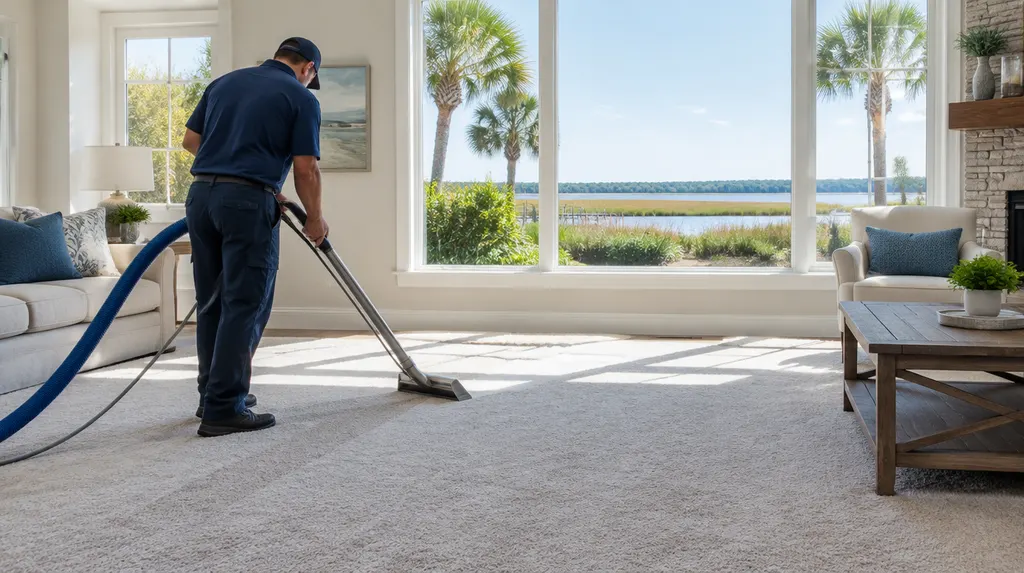 A technician cleaning a carpet with a wand in South Carolina