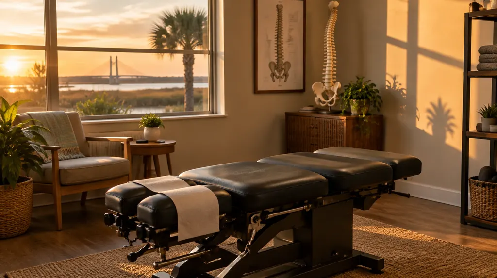 A chiropractic treatment room with an adjusting table in South Carolina
