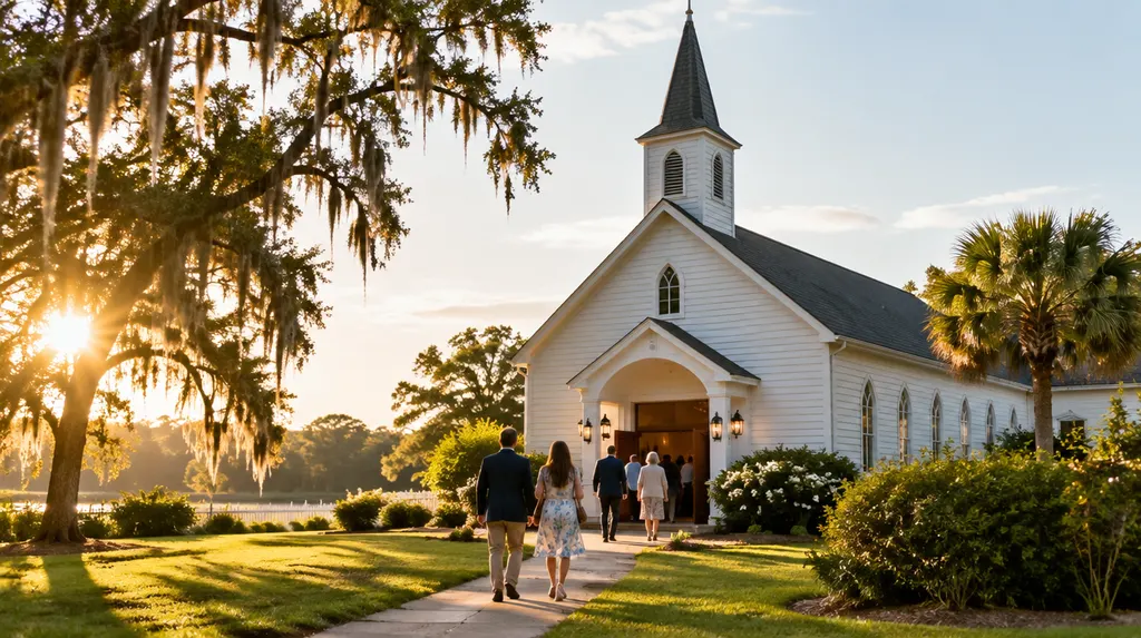 A welcoming white church on a sunny Sunday morning in South Carolina