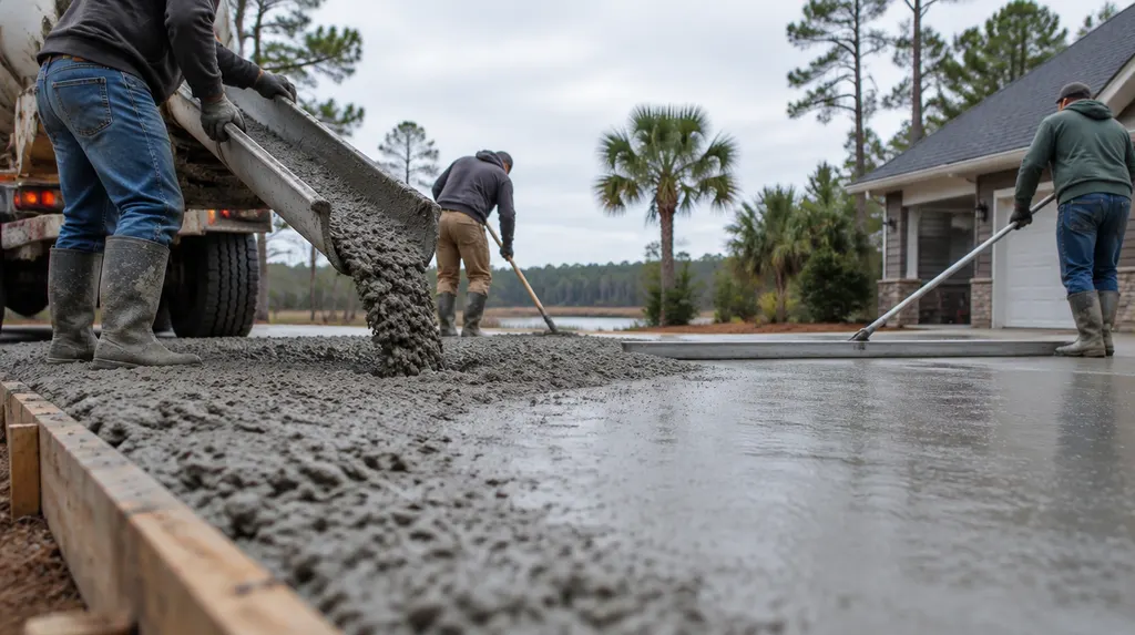 A crew pouring and screeding a new concrete driveway in South Carolina