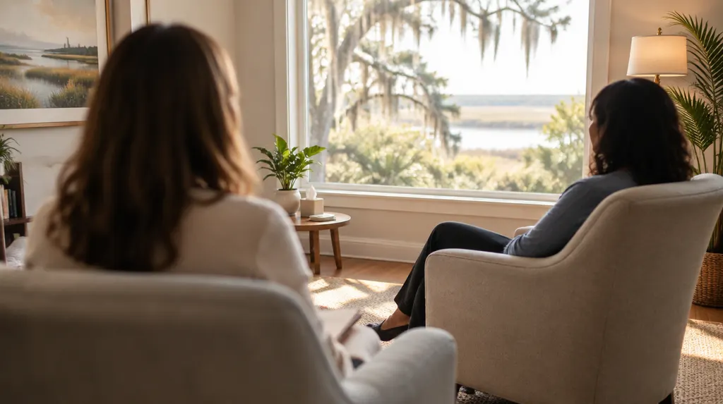 A calm, softly lit counseling room with two armchairs in South Carolina