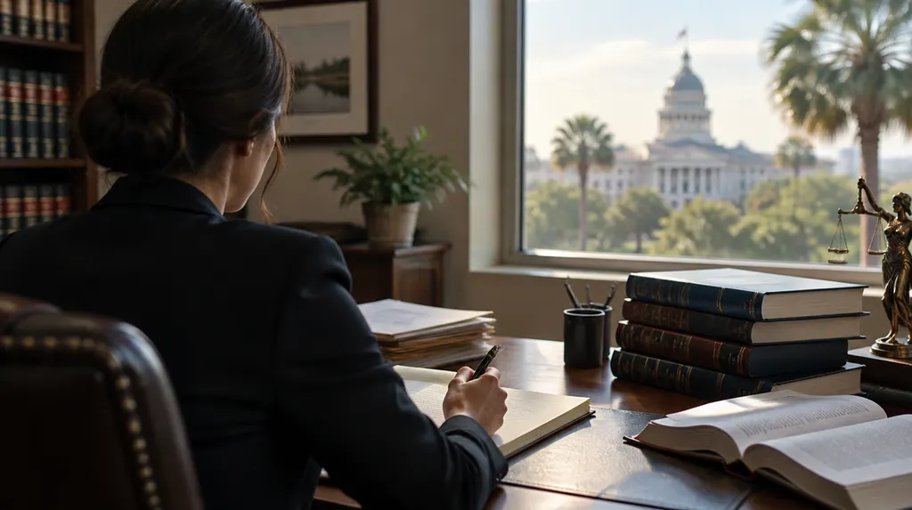 A defense attorney preparing at a desk with law books in South Carolina