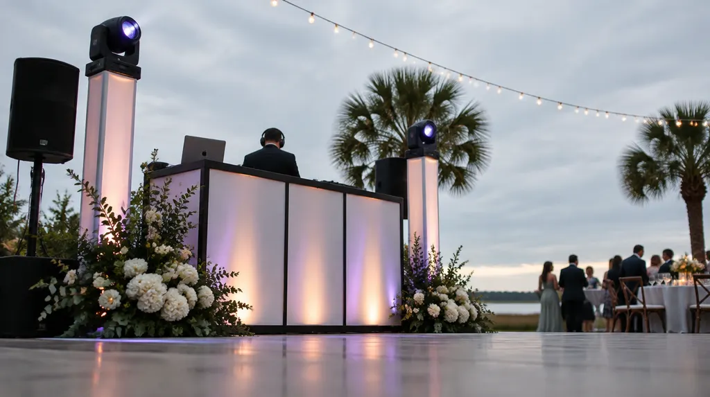 A DJ booth with lights at a wedding reception in South Carolina