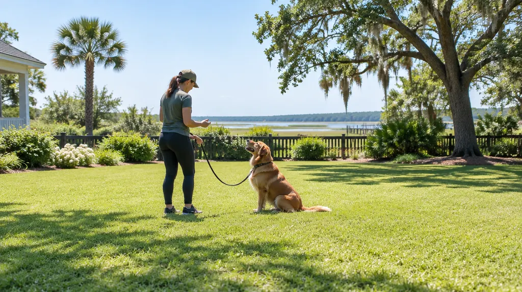 A trainer working with a dog on a leash in a yard in South Carolina
