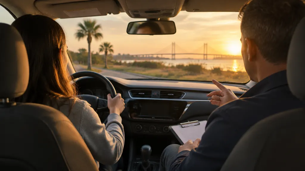 A driving instructor in the passenger seat of a training car in South Carolina