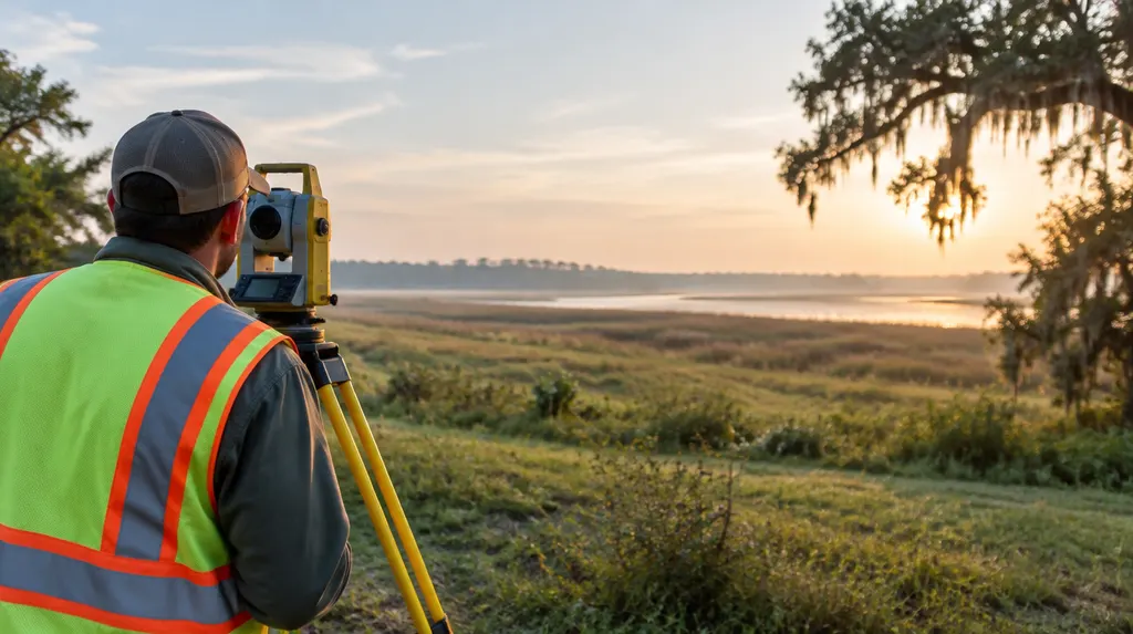 A surveyor with a tripod instrument in a field in South Carolina