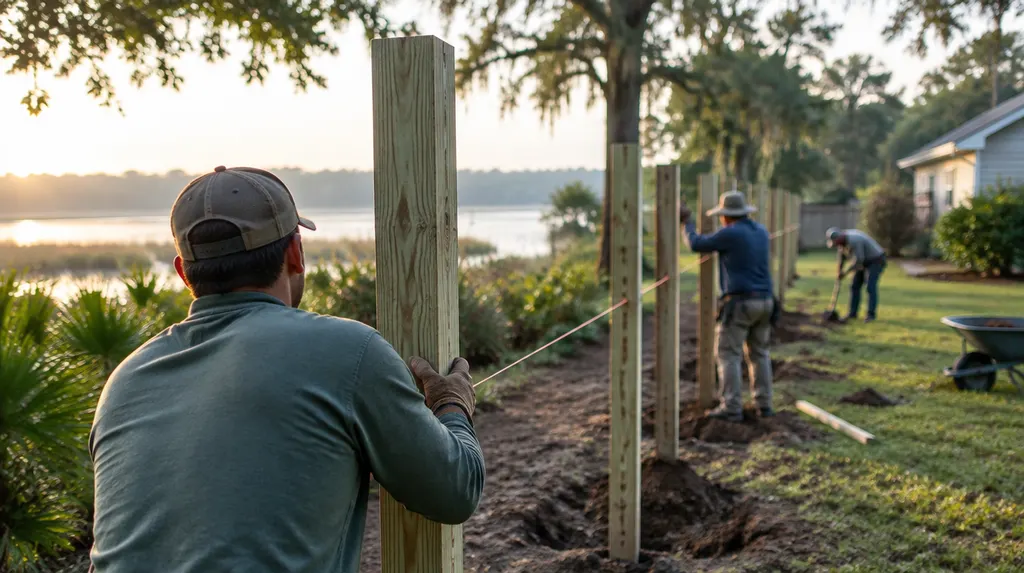 A crew setting posts for a new wood privacy fence in South Carolina