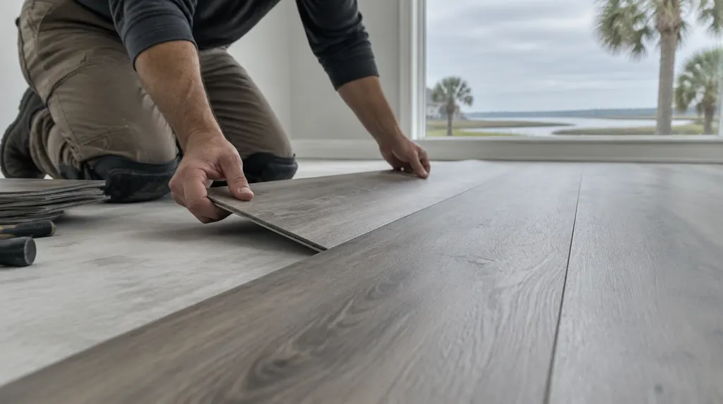 An installer laying luxury vinyl plank flooring in South Carolina