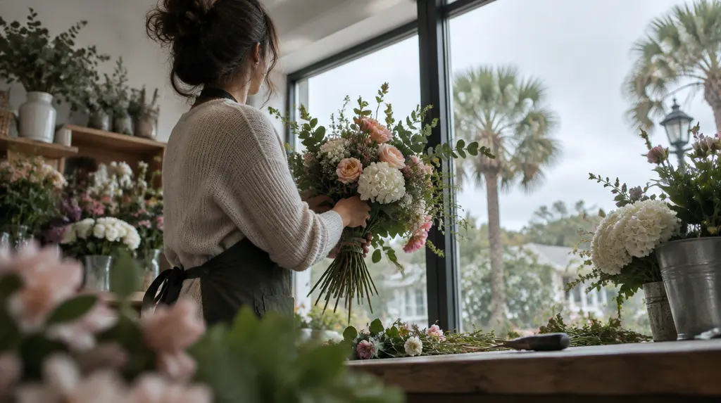 A florist arranging a bouquet in a flower shop in South Carolina