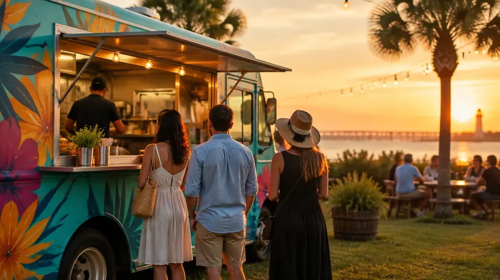 A colorful food truck serving at an evening event in South Carolina