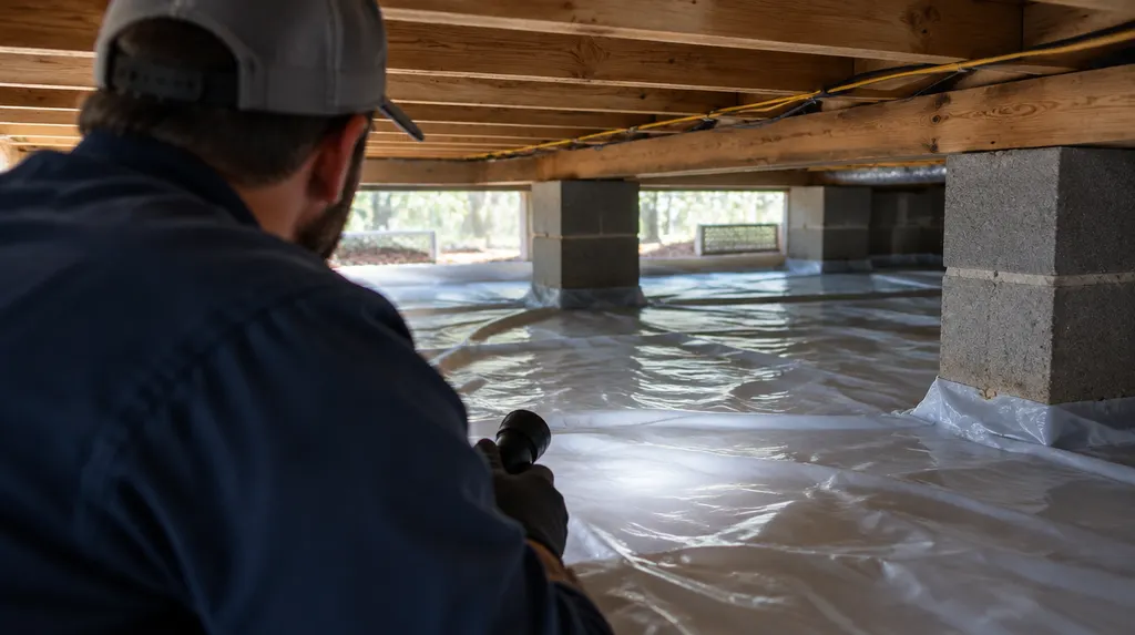 A technician inspecting a crawl space with a vapor barrier in South Carolina