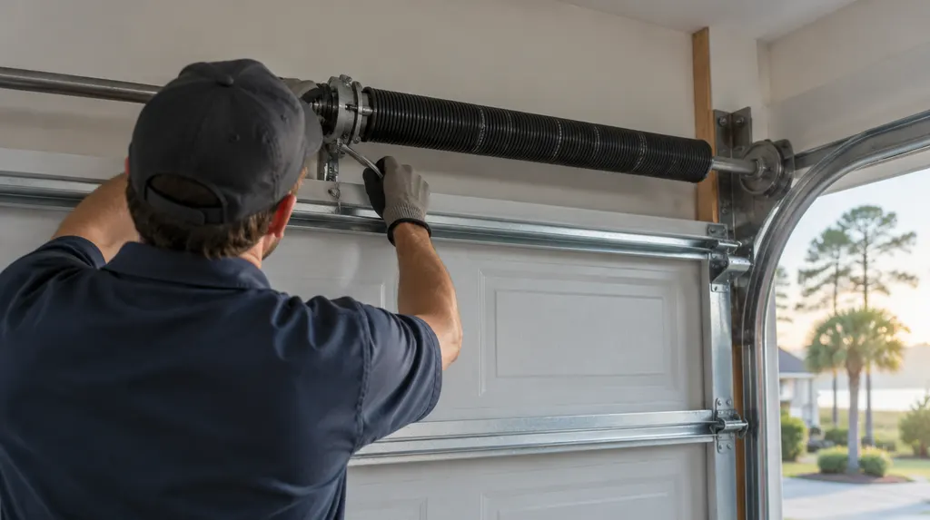 A technician replacing a torsion spring above a garage door in South Carolina