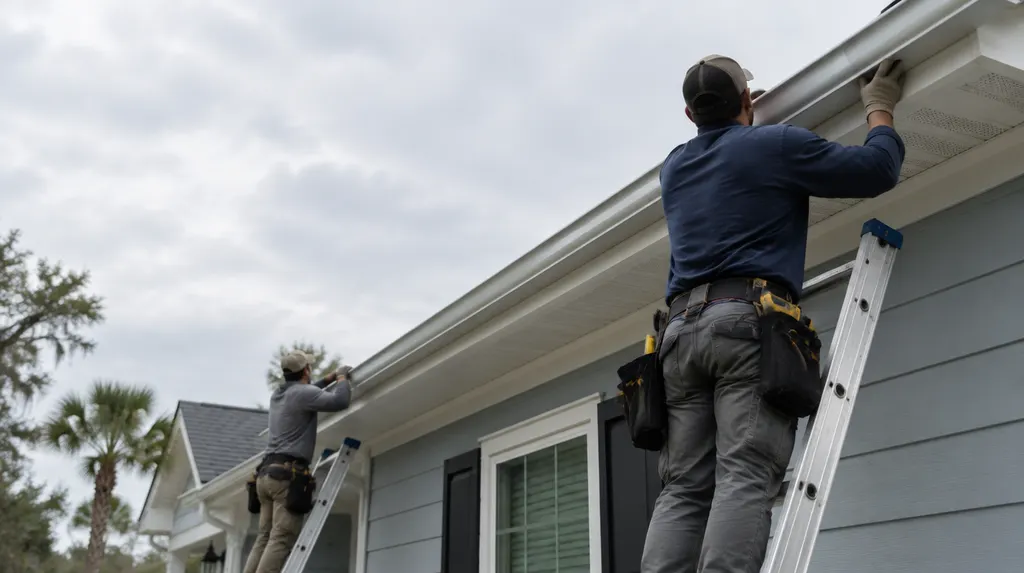 A crew installing seamless gutters on a house in South Carolina