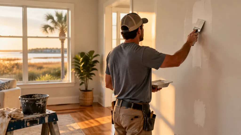 A handyman patching drywall in a bright room in South Carolina