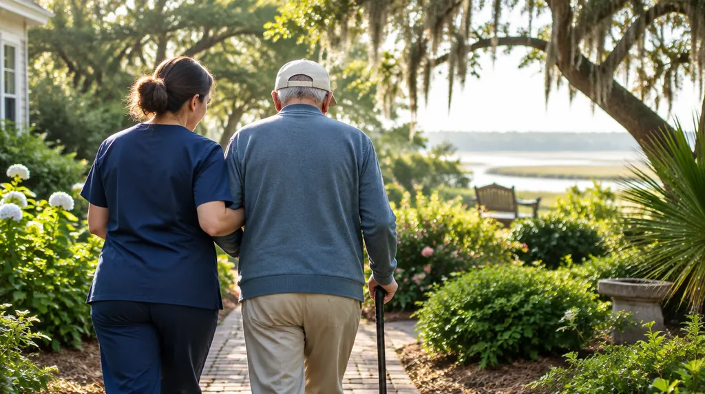 A caregiver helping an older man walk in a sunny garden in South Carolina