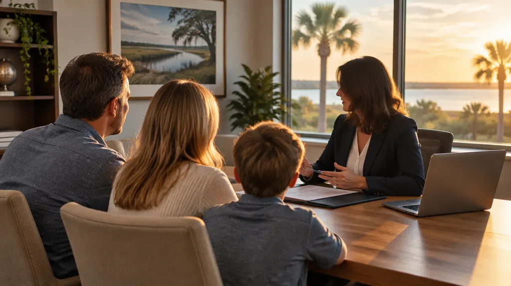 An insurance agent meeting a family in an office in South Carolina
