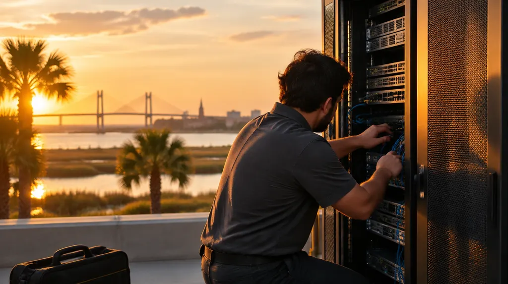 An IT technician working on a server rack in South Carolina