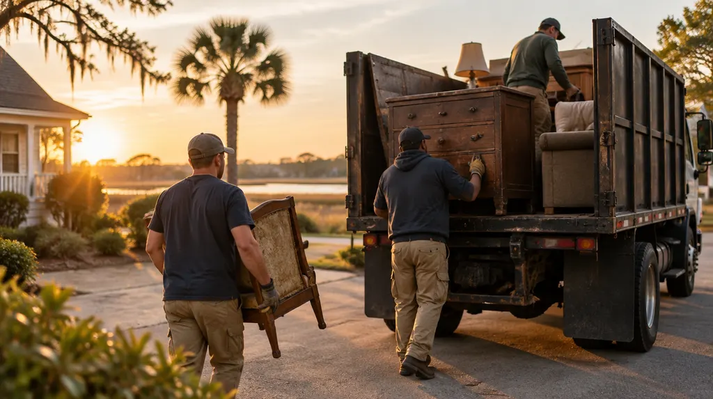 A crew loading old furniture into a junk removal truck in South Carolina