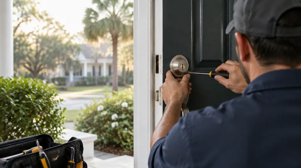 A new brass deadbolt lock and a set of keys on a locksmith’s workbench in South Carolina