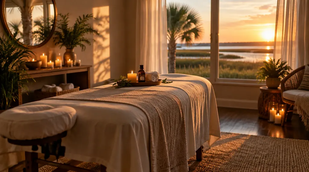 A calm massage room with a draped table and candles in South Carolina