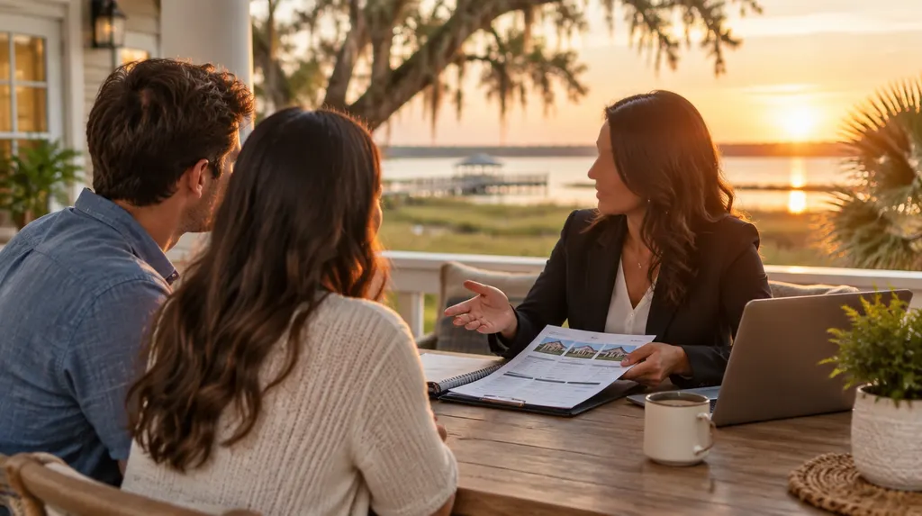 A mortgage broker explaining loan options to a young couple in South Carolina