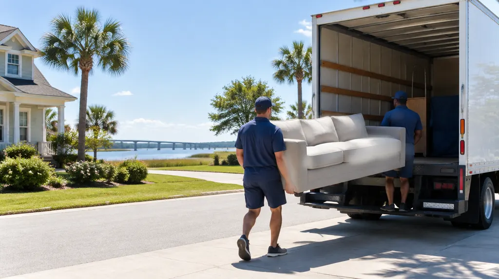 Movers carrying a sofa into a moving truck in South Carolina