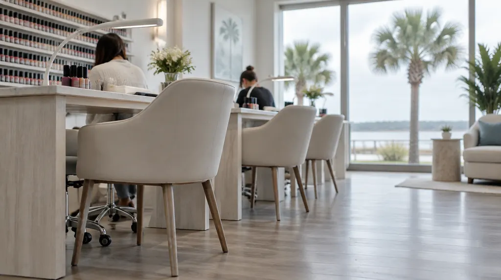 A bright nail salon with manicure tables in South Carolina