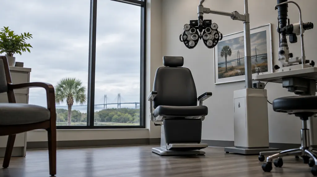 An optometry exam room with a phoropter in South Carolina